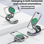 Caricabatterie wireless magnetico 3 in 1 da 15 W con luci LED colorate e supporto da tavolo girevole.