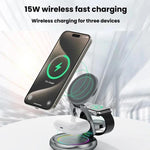 Caricabatterie wireless magnetico 3 in 1 da 15 W con luci LED colorate e supporto da tavolo girevole.
