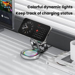Caricabatterie wireless magnetico 3 in 1 da 15 W con luci LED colorate e supporto da tavolo girevole.