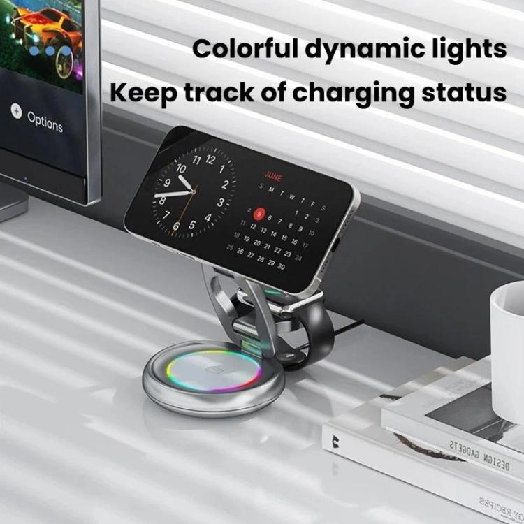 Caricabatterie wireless magnetico 3 in 1 da 15 W con luci LED colorate e supporto da tavolo girevole.