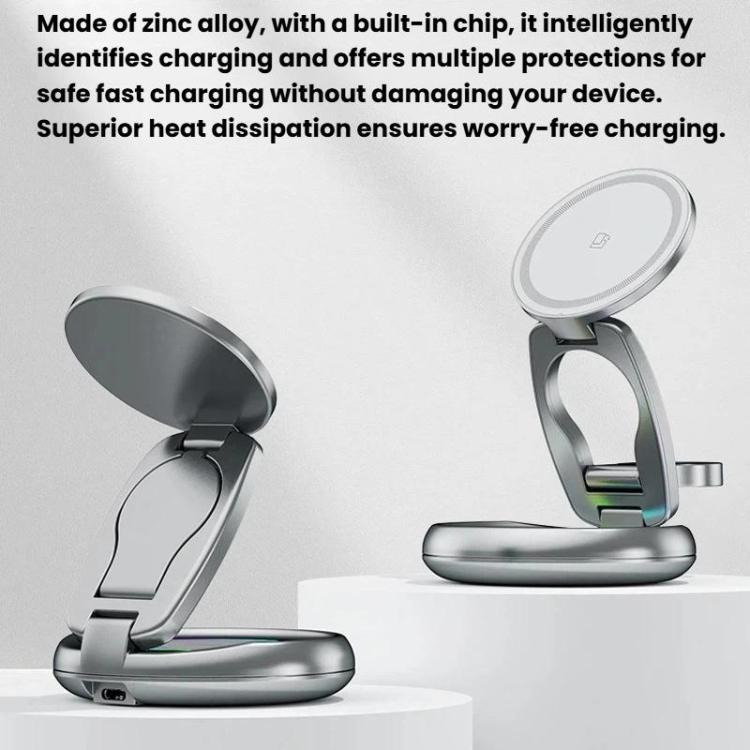 Caricabatterie wireless magnetico 3 in 1 da 15 W con luci LED colorate e supporto da tavolo girevole.