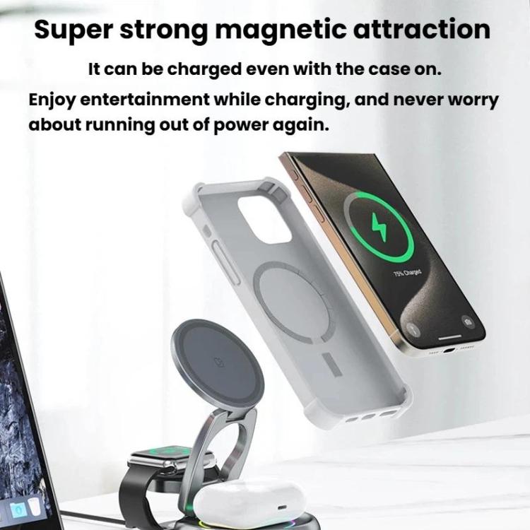 Caricabatterie wireless magnetico 3 in 1 da 15 W con luci LED colorate e supporto da tavolo girevole.
