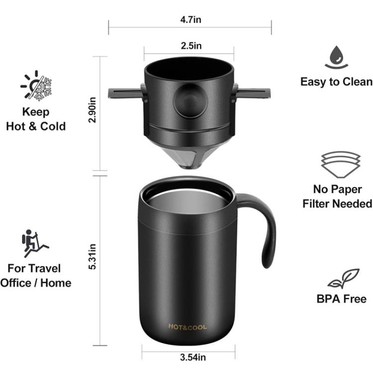 Set da caffè portatile per esterni con thermos in acciaio inossidabile e filtro per caffè a goccia., Black Cup+Drip Tray, Black Cup+Drip Tray+Spoon, White Cup+Drip Tray, White Cup+Drip Tray+Spoon