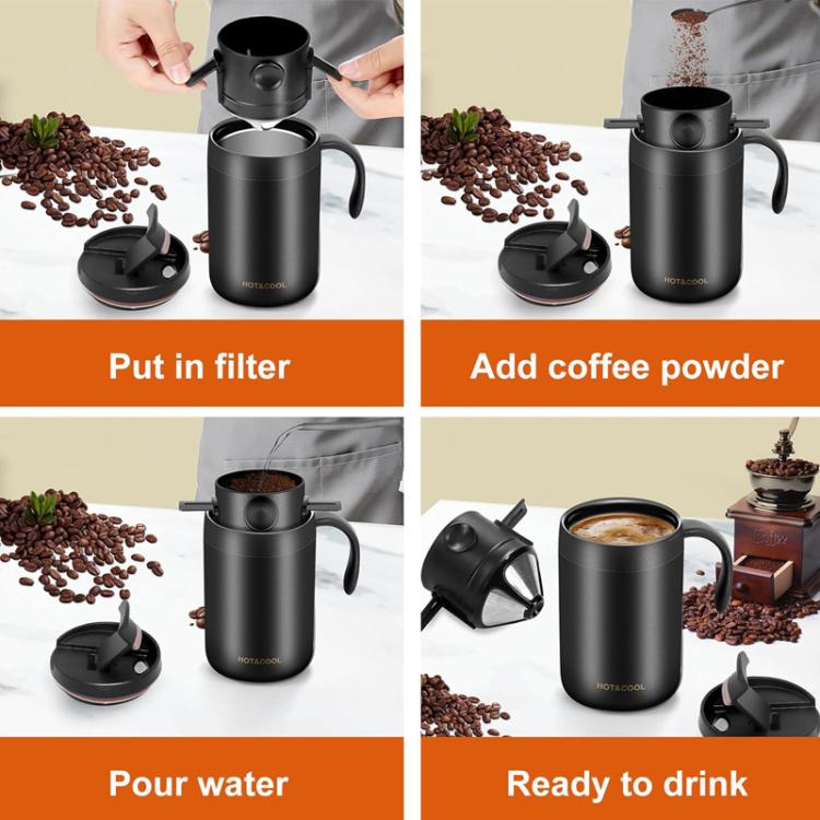 Set da caffè portatile per esterni con thermos in acciaio inossidabile e filtro per caffè a goccia., Black Cup+Drip Tray, Black Cup+Drip Tray+Spoon, White Cup+Drip Tray, White Cup+Drip Tray+Spoon