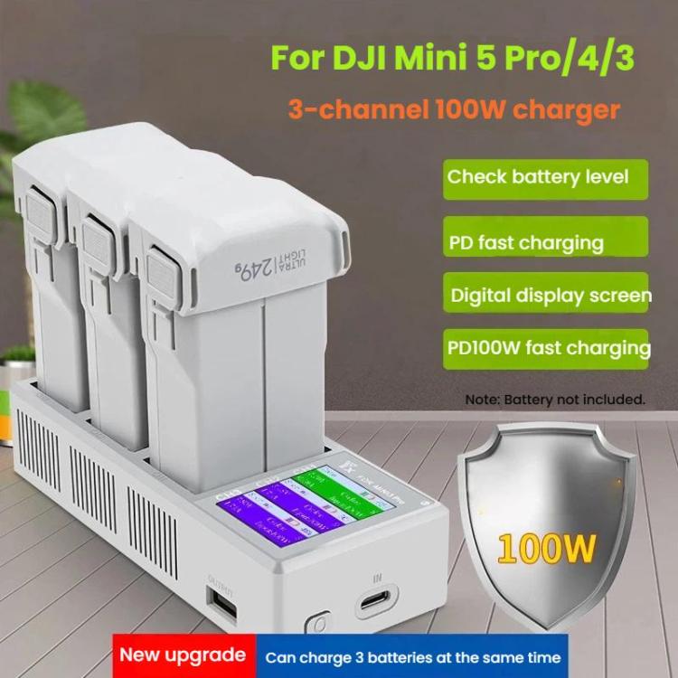 Hub di ricarica LCD a 3 alloggiamenti da 100 W YX per DJI Mini 5 Pro/4/3 con schermo a colori e stazione di ricarica rapida