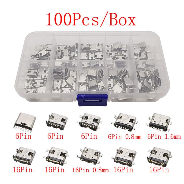 100 pezzi/scatola Connettori USB Type C femmina assortiti, 10 varianti 6P/16P SMT e a foro passante, ricarica rapida USB 3.1