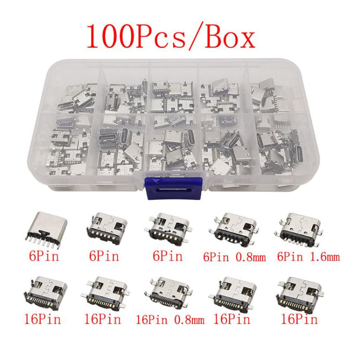 100 pezzi/scatola Connettori USB Type C femmina assortiti, 10 varianti 6P/16P SMT e a foro passante, ricarica rapida USB 3.1