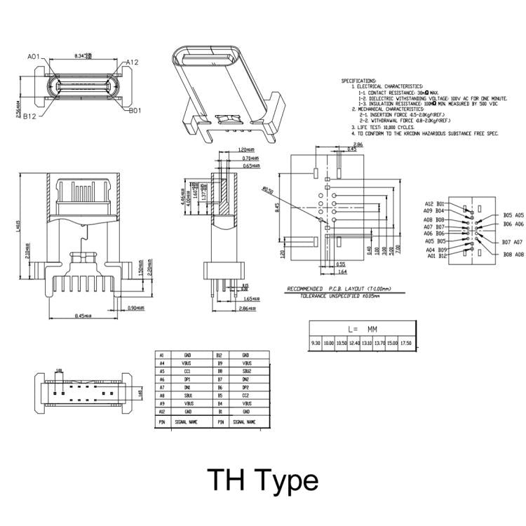 10 connettori USB Type-C femmina a 16 pin con porta di ricarica rapida PD, TH 9.3mm, TH 10.0mm, TH 10.5mm, TH 13mm, TH 13.7mm, TH 15mm, TH 16.5mm, TH 17.5mm, TH 18.5mm, SMT 9.3mm, SMT 13.0mm, SMT 13.7mm, SMT 15.0mm, SMT 17.5mm, SMT 18.5mm