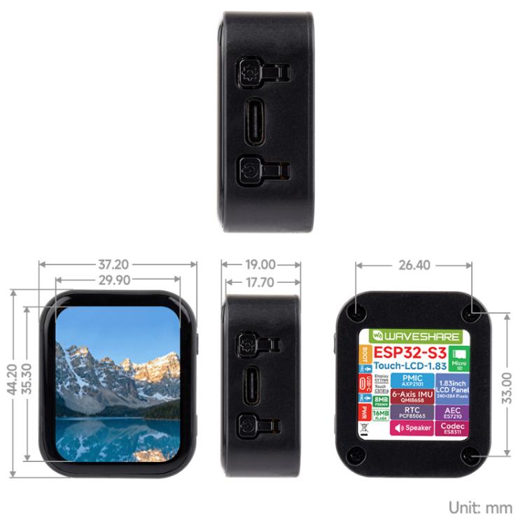 Scheda di sviluppo WAVESHARE ESP32-S3 con display LCD touch da 1,83 pollici e chip codec audio integrato con risoluzione 240x284., Without Battery