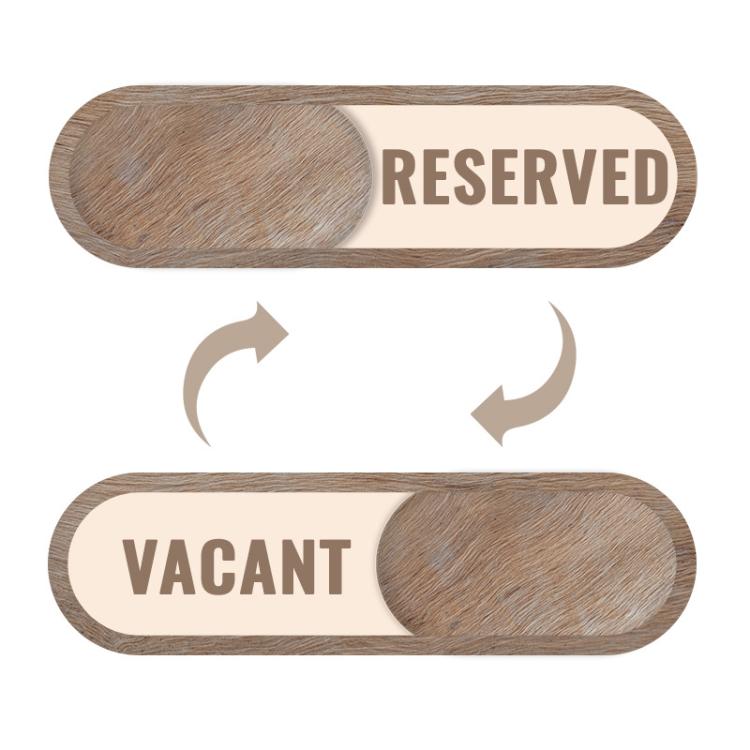 Cartello di stato per porte scorrevoli per camere riservate o libere. Etichetta autoadesiva effetto legno per sale da pranzo private e spa., Sliding Spas Sign