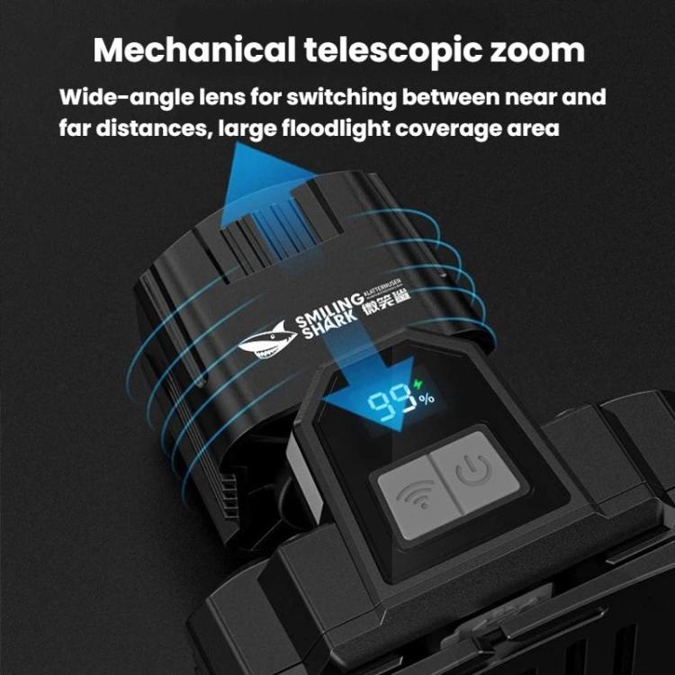 Lampada frontale SMILING SHARK TD-0282A-5 con display digitale, zoom, alta luminosità, sensore di movimento e funzionamento a mani libere.