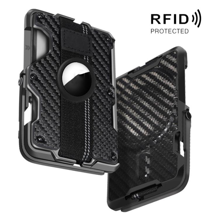 Porta carte magnetico in metallo con supporto per telefono, blocco RFID e cinturino elastico per AirTag di seconda generazione e AirTag di prima generazione.