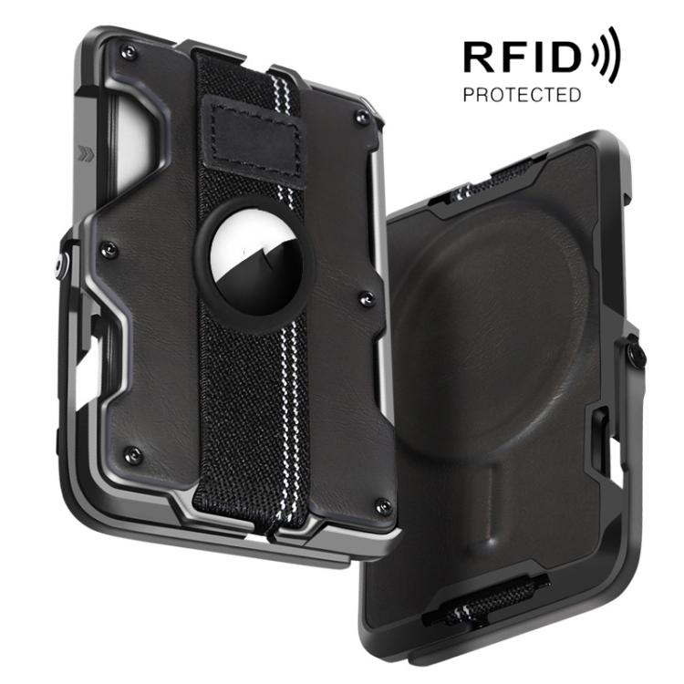 Porta carte magnetico in metallo con supporto per telefono, blocco RFID e cinturino elastico per AirTag di seconda generazione e AirTag di prima generazione.