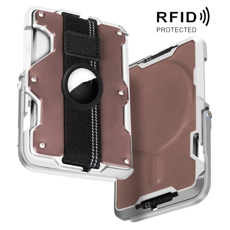 Porta carte magnetico in metallo con supporto per telefono, blocco RFID e cinturino elastico per AirTag di seconda generazione e AirTag di prima generazione.