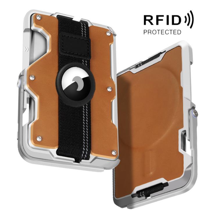 Porta carte magnetico in metallo con supporto per telefono, blocco RFID e cinturino elastico per AirTag di seconda generazione e AirTag di prima generazione.