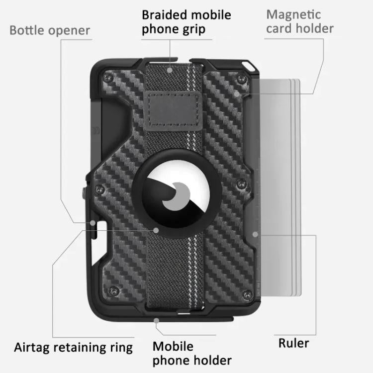 Porta carte magnetico in metallo con supporto per telefono, blocco RFID e cinturino elastico per AirTag di seconda generazione e AirTag di prima generazione.