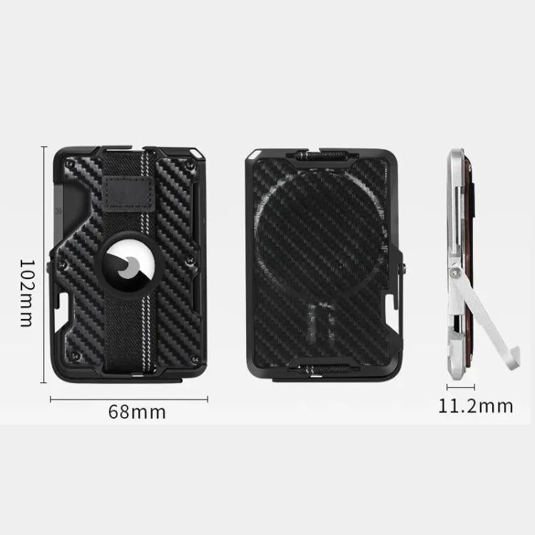 Porta carte magnetico in metallo con supporto per telefono, blocco RFID e cinturino elastico per AirTag di seconda generazione e AirTag di prima generazione.