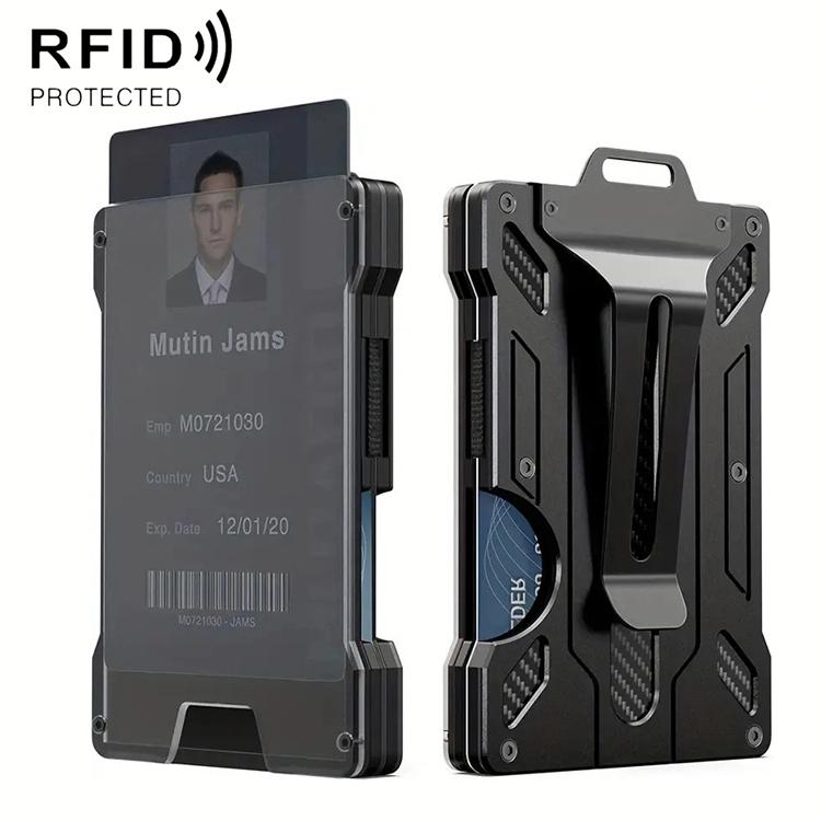 Porta badge in alluminio con protezione RFID e finestra trasparente per la carta, portafoglio in metallo per tessere identificative con clip da cintura.