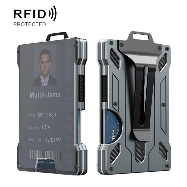 Porta badge in alluminio con protezione RFID e finestra trasparente per la carta, portafoglio in metallo per tessere identificative con clip da cintura.