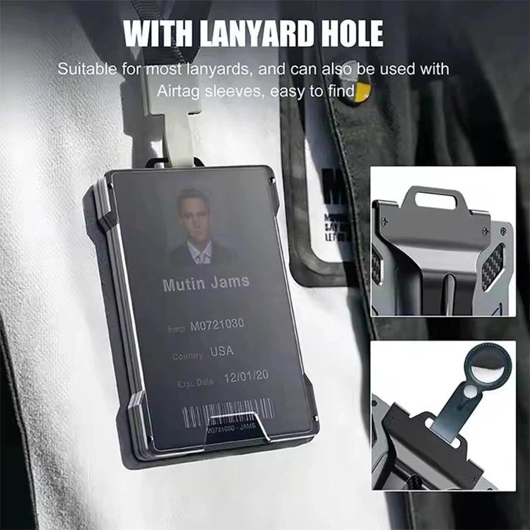 Porta badge in alluminio con protezione RFID e finestra trasparente per la carta, portafoglio in metallo per tessere identificative con clip da cintura.