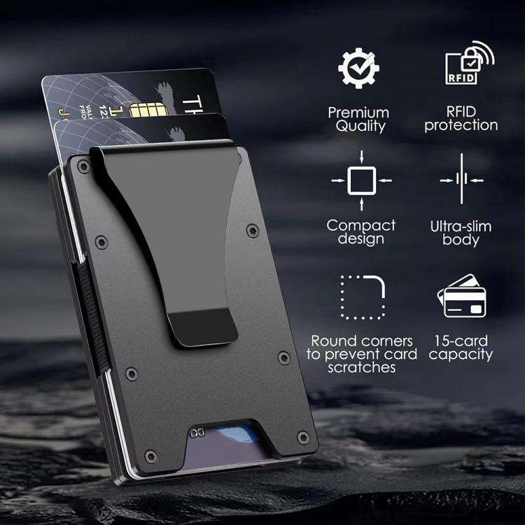Porta badge e portafoglio per carte ultra sottile in alluminio con protezione RFID, custodia per targhetta e porta carte di credito in metallo.