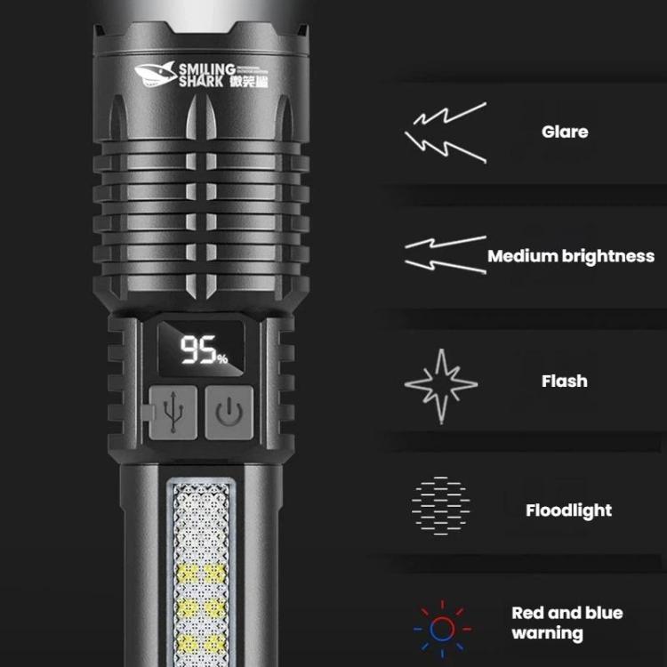 Torcia portatile SMILING SHARK SD-5244 con display digitale zoomabile e luce laterale, dimmerabile a 4 livelli., Hook, Breaker Bar