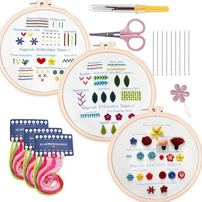 Kit di ricamo 3 in 1 per principianti, campionario di punti fai da te con istruzioni in inglese.