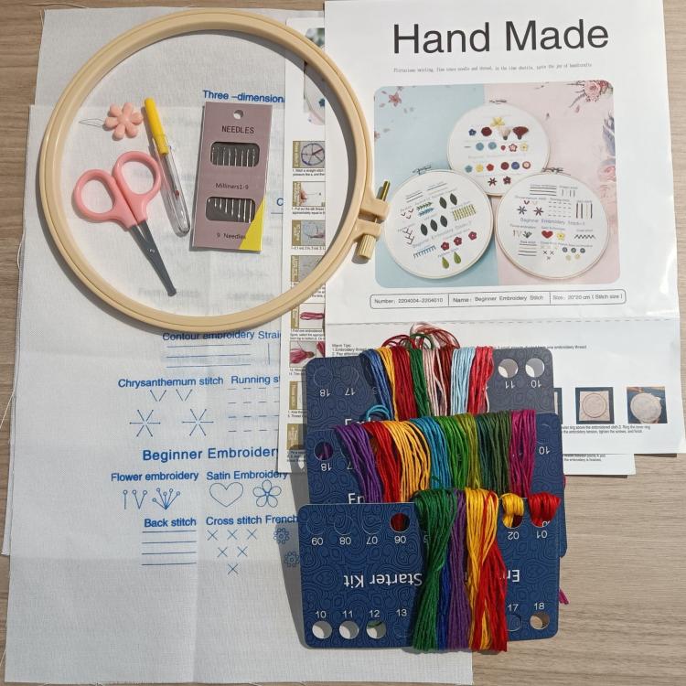 Kit di ricamo 3 in 1 per principianti, campionario di punti fai da te con istruzioni in inglese.