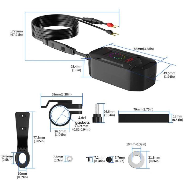 CS-2035A1 Caricabatterie per telefono da moto impermeabile IP65 e antipolvere con cavo di ricarica USB retrattile, CS-2035A1