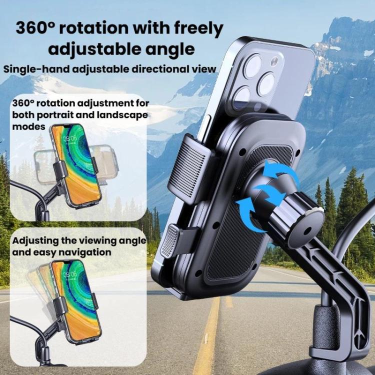 Supporto per telefono da moto XY-106 antiurto, antiscivolo, girevole e con funzione di navigazione, per motociclisti., Handbar, Rearview Mirror