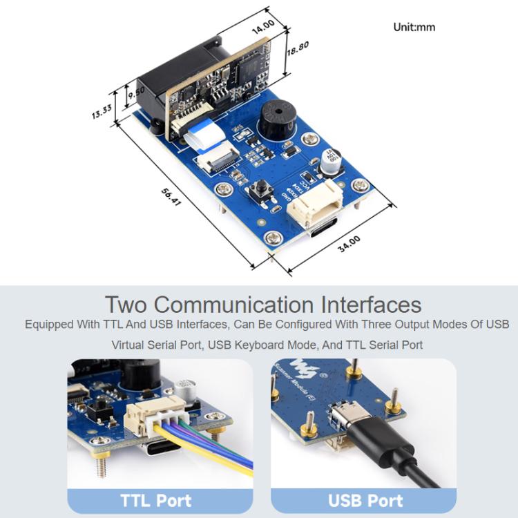 Modulo di scansione codici a barre e QR WAVESHARE, tipo E, involucro metallico, lettura codici DPM, interfacce USB e UART integrate, doppia interfaccia., 32387