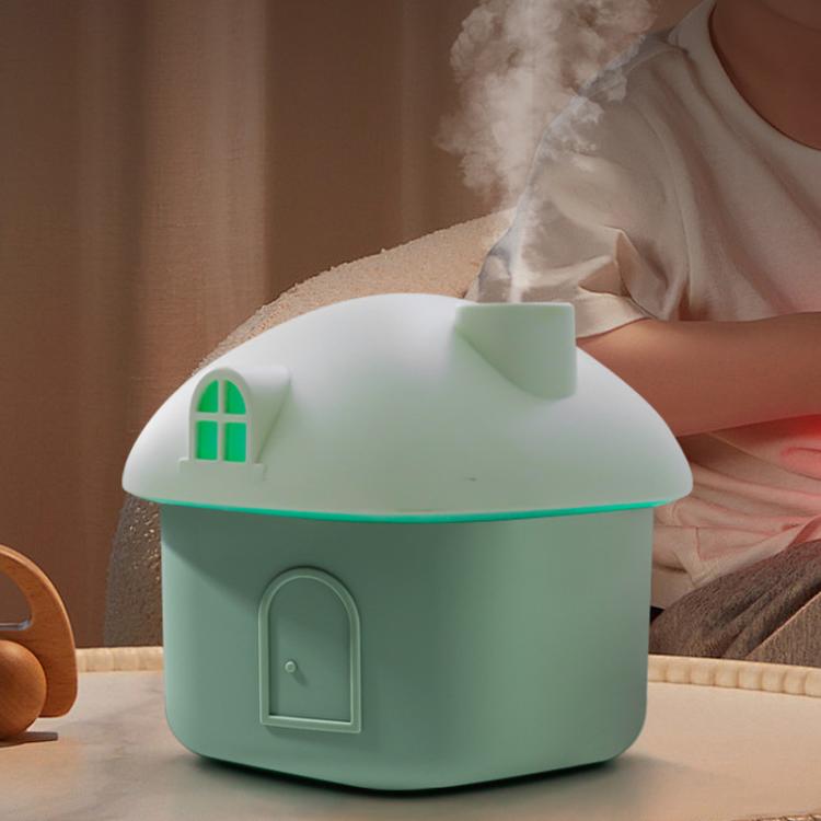 Mini umidificatore da tavolo a forma di casetta, silenzioso, con porta USB e luci colorate.