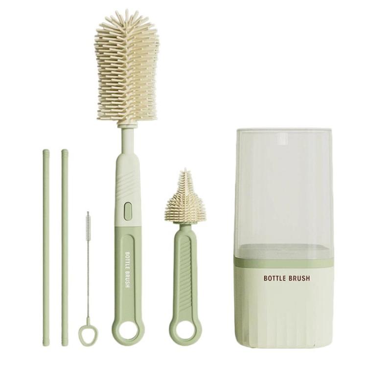 Set di spazzole multifunzione in silicone con manico dritto per la pulizia di bottiglie e tazze d'acqua.