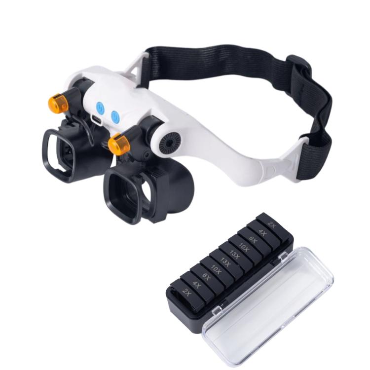 Lente d'ingrandimento a fascia ricaricabile tramite USB con 5 coppie di lenti intercambiabili (2X, 4X, 6X, 10X, 13X) e doppia luce LED., RJS223-21SXC