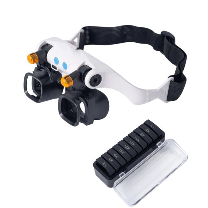 Lente d'ingrandimento a fascia ricaricabile tramite USB con 5 coppie di lenti intercambiabili (2X, 4X, 6X, 10X, 13X) e doppia luce LED., RJS223-21SXC