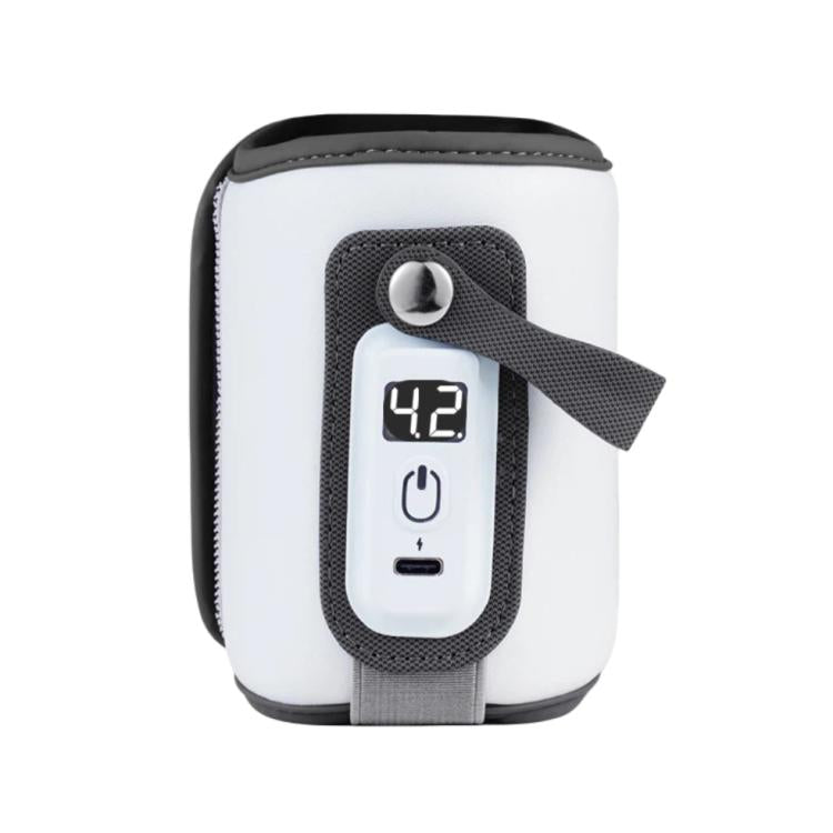 Scaldabiberon portatile con manicotto isolante e display digitale, alimentazione tramite USB-C, 5 impostazioni di temperatura regolabili.