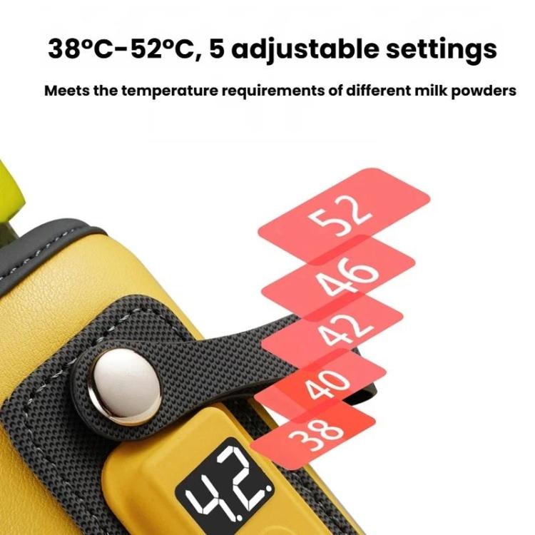 Scaldabiberon portatile con manicotto isolante e display digitale, alimentazione tramite USB-C, 5 impostazioni di temperatura regolabili.