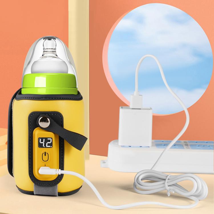 Scaldabiberon portatile con manicotto isolante e display digitale, alimentazione tramite USB-C, 5 impostazioni di temperatura regolabili.