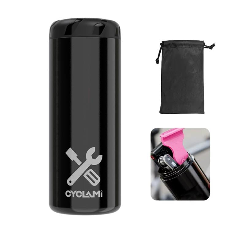 Contenitore portatile per attrezzi da riparazione biciclette CYCLAMI, tipo borraccia.