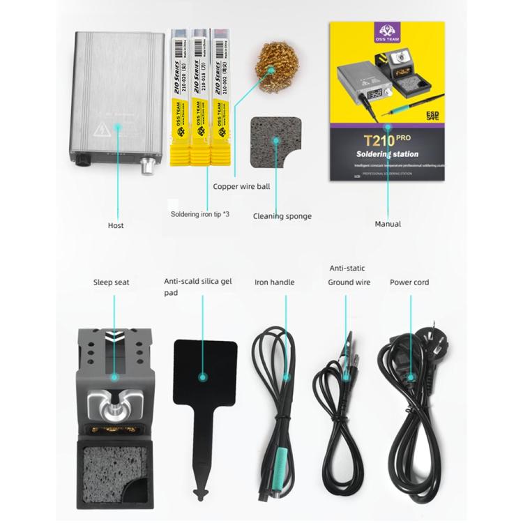 Stazione saldante digitale OSS TEAM T210 Pro da 75 W con preset intelligenti e display a LED per la riparazione di telefoni e PCB.