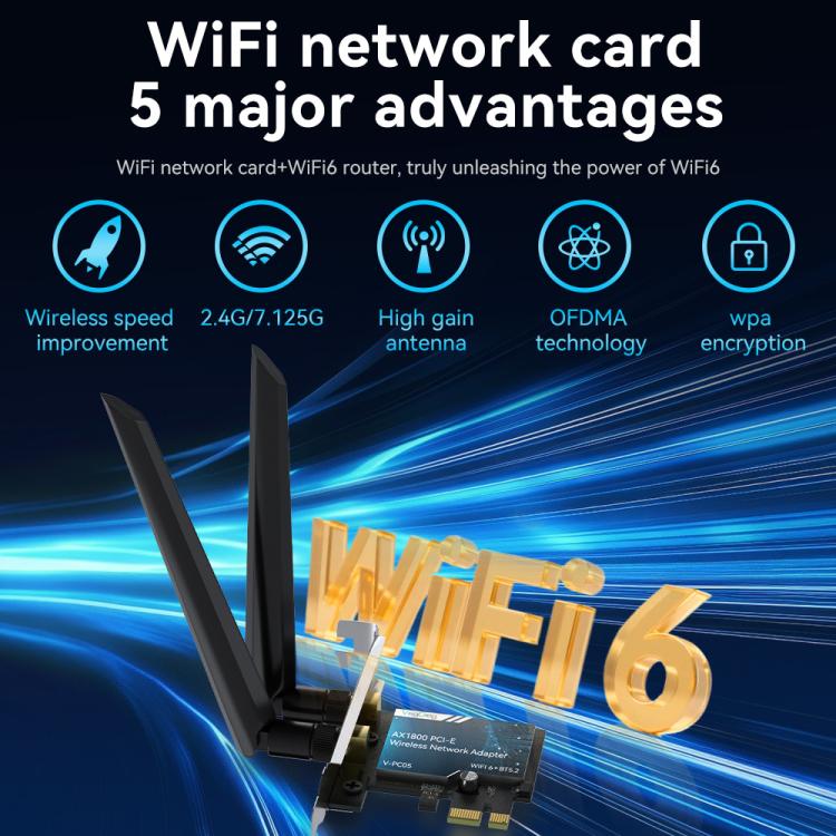 Adattatore di rete wireless Gigabit PCIe 2 in 1 VegGieg per desktop., AX1800 PCI-E to WIFI 6 + Bluetooth 5.2/5dB