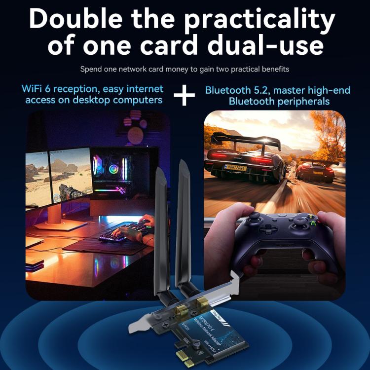 Adattatore di rete wireless Gigabit PCIe 2 in 1 VegGieg per desktop., AX1800 PCI-E to WIFI 6 + Bluetooth 5.2/5dB