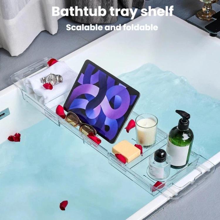 Mensola estensibile e pieghevole per vasca da bagno, ripiano portaoggetti per il bagno, Transparent