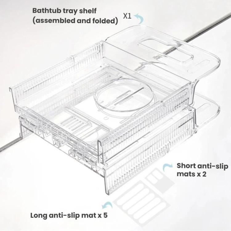 Mensola estensibile e pieghevole per vasca da bagno, ripiano portaoggetti per il bagno, Transparent