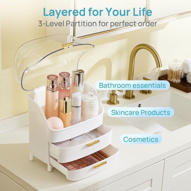 Scatola porta cosmetici a tre livelli, organizer da scrivania per cassetti., No Lid, With Lid
