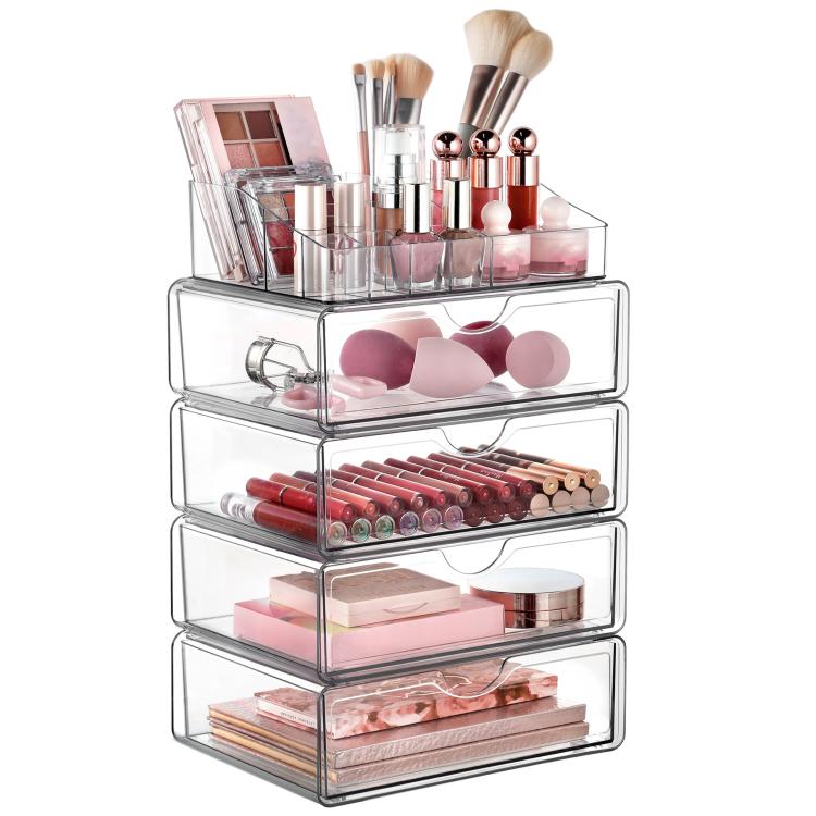 Scatola portaoggetti da scrivania trasparente per cosmetici, 2 Single-drawer+Makeup Rack, 4 Single-drawer+Makeup Rack, 2 Single-drawer+2 Double-drawer+Makeup Rack