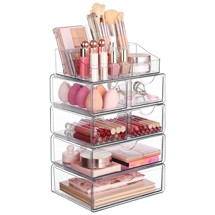 Scatola portaoggetti da scrivania trasparente per cosmetici, 2 Single-drawer+Makeup Rack, 4 Single-drawer+Makeup Rack, 2 Single-drawer+2 Double-drawer+Makeup Rack