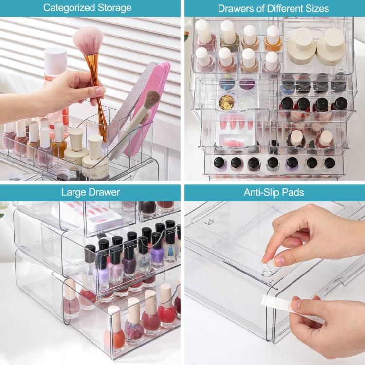 Scatola portaoggetti da scrivania trasparente per cosmetici, 2 Single-drawer+Makeup Rack, 4 Single-drawer+Makeup Rack, 2 Single-drawer+2 Double-drawer+Makeup Rack