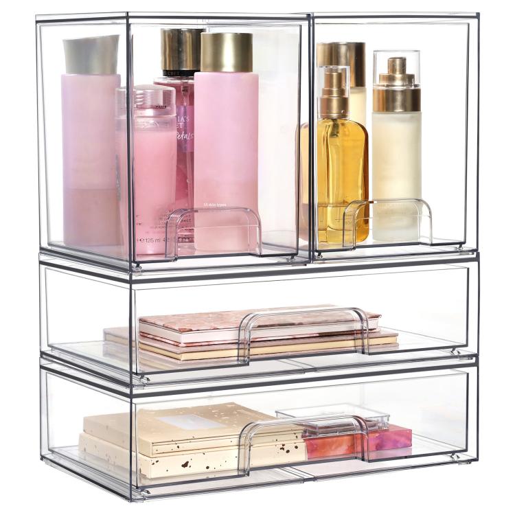 Scatole portaoggetti trasparenti in plastica per cosmetici, impilabili e ideali per l'organizzazione della scrivania., Wide+2 Small, 2 Tall+2 Small, 2 Wide+2 Tall, Wide+2 Tall+2 Small, 3 Wide+2 Small, 2 Wide+4 Small