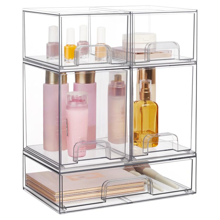 Scatole portaoggetti trasparenti in plastica per cosmetici, impilabili e ideali per l'organizzazione della scrivania., Wide+2 Small, 2 Tall+2 Small, 2 Wide+2 Tall, Wide+2 Tall+2 Small, 3 Wide+2 Small, 2 Wide+4 Small